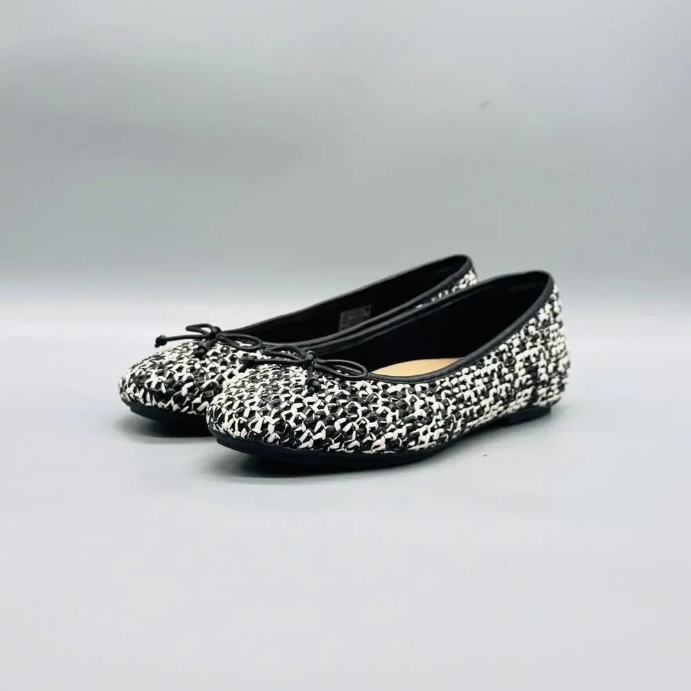 FitFlop Shoes Womens 8 White Black Woven Bow Ballet Flats Comfort Slip On Casual